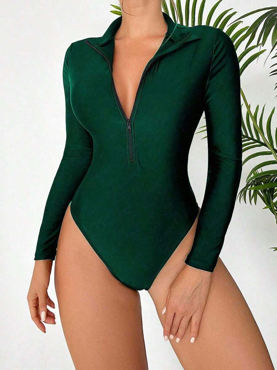 2026 Swim SPRTY Women's Minimalist Solid Color One-Piece Swimsuit With Zipper Closure, Suitable For Spring/Autumn Beach Vacation - Fresh Green - 查看 1