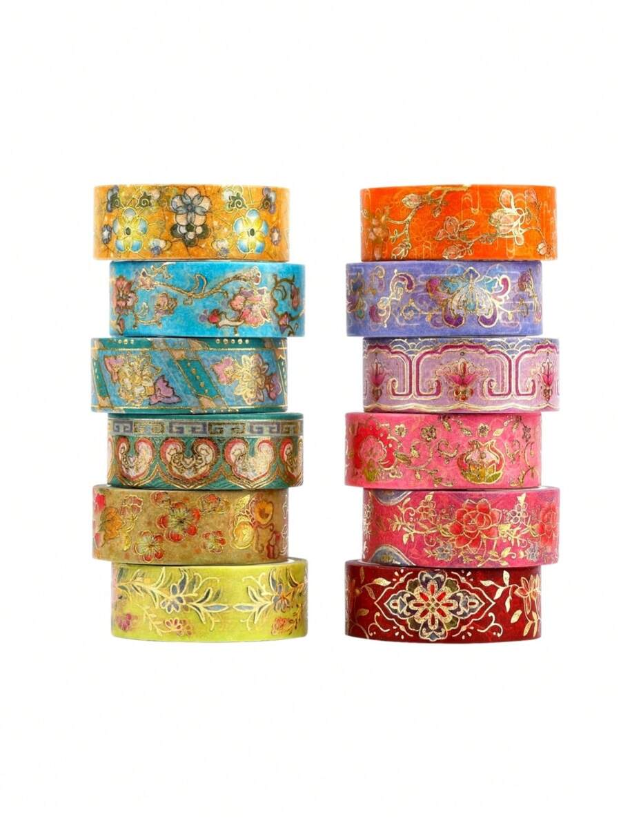 12pcs Flower Blossom Washi Tapes Set, Retro Golden Foil Decoration Stickers Floral Pattern Masking Tape, Adhesive Deco Stickers For Diary Album, Scrap Book Supplies - Flower Pattern - View 1