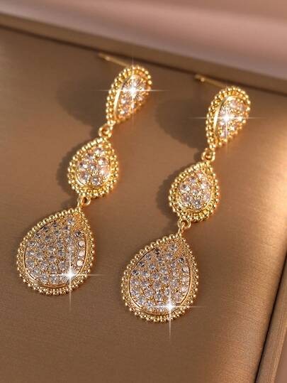 1 par de elegantes pendientes colgantes de lágrima con diamantes engastados en tono dorado, lujosos pendientes de novia, boda y noche