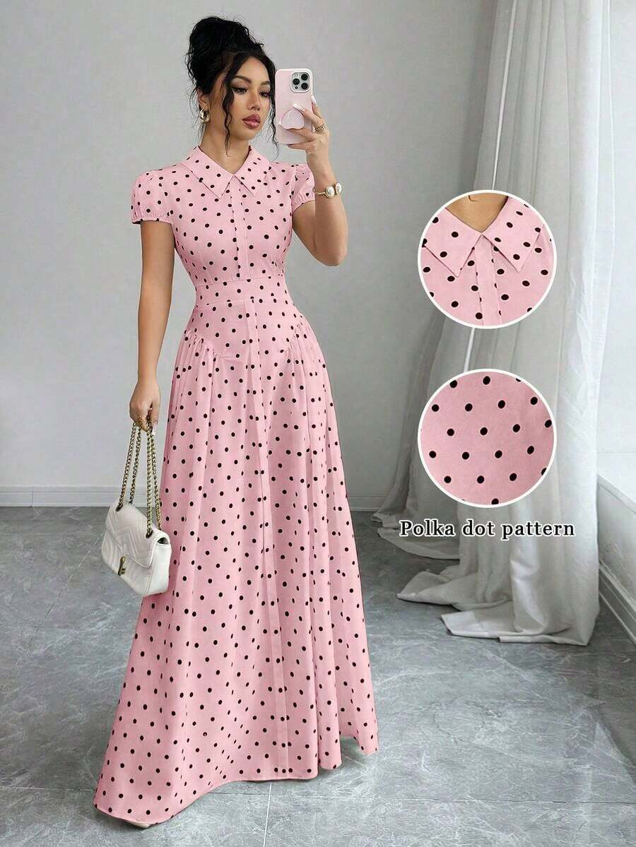 xheElenzga Vestido maxi elegante y vintage de estilo empresarial y casual para vacaciones, con estampado de lunares en blanco y negro, cuello vuelto, botones delanteros, hombros recogidos, mangas farol y falda acampanada, para primavera/veranoxhe - Rosa - Ver 1