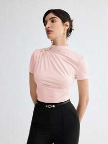 Camiseta de manga corta elegante de unicolor para mujer, casual de negocios para damas, maestras, oficina, escuela, top básico - Rosa - Ver 7