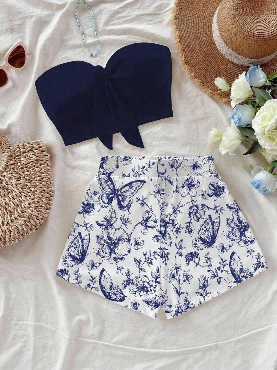 Set de 2 piezas con top bandeau de unicolor y shorts con estampado floral para mujer - Azul marino - Ver 1