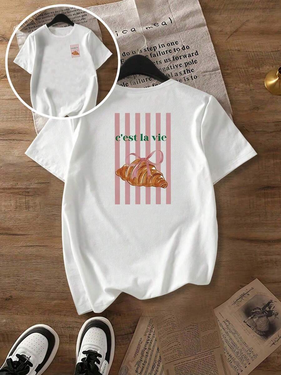 Camiseta de manga corta casual con estampado vibrante de cruasán y rayas para mujer de talla grande, cuello redondo, parte superior de primavera/verano, camiseta de mujer de talla grande, ropa de otoño para mujer de talla grande, ropa de otoño para mujer, ropa de otoño para mujer en negro - Blanco - Ver 1