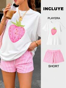 Women Two-Piece Outfits - 2 Large Strawberry White T-shirt With Pink and White Striped Shorts - View 1