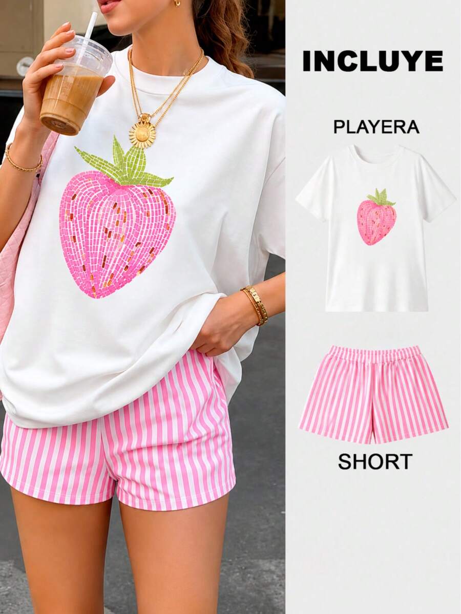 Women Two-Piece Outfits - 2 Large Strawberry White T-shirt With Pink and White Striped Shorts - View 1