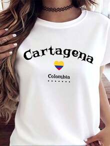 Camiseta Gráfica de Manga Corta, Camiseta de Mujer con Bandera de Corazón de Cartagena, Colombia, Top Casual de Verano, Regalo de Recuerdo de Viaje para Ella, 220g, Vintage - Blanco - Ver 3