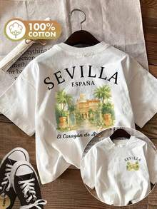 [Double-Sided Printing] Women's Pure Cotton T-Shirt, Illustrative Style, Architecture Print, Palm Tree, Seville, Spain, Casual, Round Neck, Short Sleeve, Summer Top, 100% Cotton. - 白色 - 查看 7