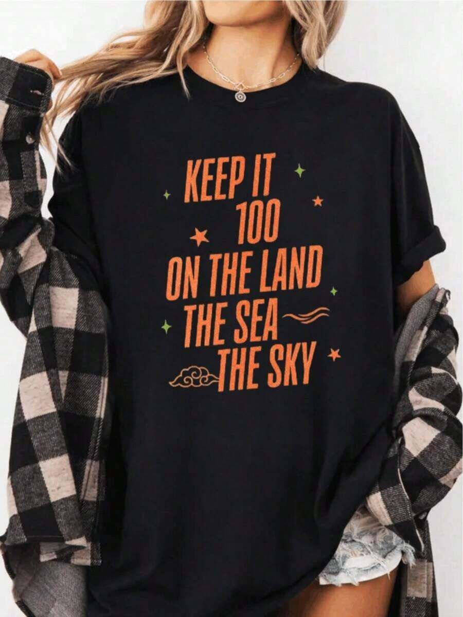 Stay 100% On Land Sea T-Shirt, Music Quotes T-Shirt, Martini Dancer T-Shirt, Letter Print T-Shirt - Unisex Vintage Urban Style, Loose Cotton Short Sleeve Crew Neck T-Shirt, Women's Blouses. Casual Blouses For Ladies. - 黑色 - 查看 1