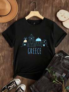Camiseta de mujer casual con cuello redondo, opciones en negro y blanco, estampado de monumentos de Grecia, camisetas de uso diario de verano, tops de verano, camisetas gráficas, conjuntos de verano, camisetas gráficas de mujer, tops cortos de mujer, blusas vintage de algodón, ropa linda para mujer. - Negro - Ver 3