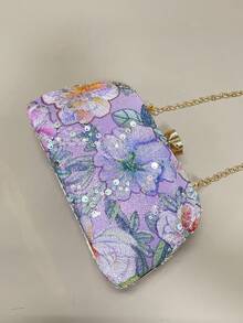 1pc Elegant Shiny Multi-Color Leaf & Floral Patchwork Crossbody Bag, Vintage Chain Strap Evening Clutch, Mini Square Box Handbag, Suitable For Party Girls, Brides, College Students, Young Professionals, Random Pattern, Pink, Wedding Theme, Women's Evening Bag - Lilac Purple - View 7