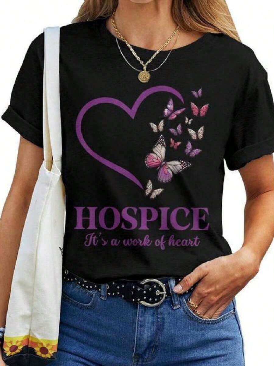 Cómodo Hospice Es Una Obra De Corazón Camiseta De Mujer Trabajadora En Hospice Corazón De Mariposa, playeras de mujer algodon, blusa casual mujer, mujer - Negro - Ver 1