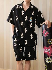 Gongdie Disney 迪士尼男士睡衣套装两件套，夏季短袖睡衣套装，印花睡衣，可爱卡通口袋细节休闲家居服 - 黑色 - 查看 10