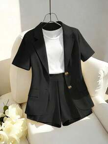 Conjunto de atuendo casual elegante para ir al trabajo, incluye chaqueta tipo blazer de manga corta amarilla y conjunto de pantalones cortos/pantalones de pierna ancha, para mujer en primavera/verano - Negro - Ver 12