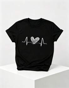 Nuevo modelo : Camiseta 3 casual streetwear, Top oversized cuello redondo daily outings, camping, concerts, hip-hop, rock, and rap events de manga corta para mujer, de una sola pieza, con estampado de hojas en forma de corazón, diseño de latidos del corazón, estampado de contorno de corazón de agradecimiento, cuello redondo, manga corta, de algodón puro, transpirable, estilo deportivo casual, ideal como regalo para las fiestas, diseño de mariposa primaveral. - Negro - Ver 2