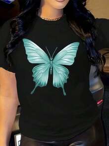 Camiseta Casual para Mujer Under The Radar con Estampado Gráfico de Mariposa, Cuello Redondo, Manga Corta, Hombros Caídos - Suave y Cómoda para Vestimenta Casual - Estilo Urbano Vintage Unisex, Camiseta de Manga Corta de Algodón con Cuello Redondo - Negro - Ver 1