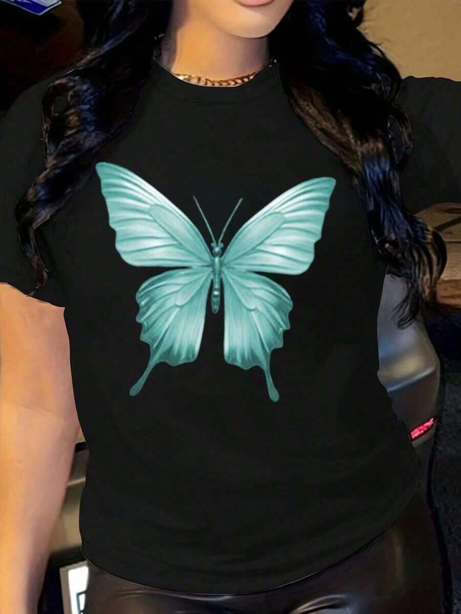 Camiseta Casual para Mujer Under The Radar con Estampado Gráfico de Mariposa, Cuello Redondo, Manga Corta, Hombros Caídos - Suave y Cómoda para Vestimenta Casual - Estilo Urbano Vintage Unisex, Camiseta de Manga Corta de Algodón con Cuello Redondo - Negro - Ver 1