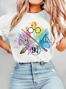 Camiseta de Mujer WB - Vintage de los 90 Warner Bros. Camiseta de manga corta con cuello redondo y estampado de salpicaduras de tinta mágica con gráficos de personajes icónicos, adecuada para uso casual, viajes, atuendos temáticos, tallas (lavable). Ropa deportiva estilo Y2K, cuello redondo, 100% algodón, tejido suave, manga corta. - Blanco - Ver 8