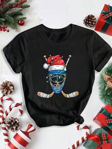 Camiseta de mujer con estampado de jugadora de hockey sobre hielo para Navidad, de manga corta y cuello redondo, estilo casual, adecuada para primavera y verano, 100% algodón. - Negro - Ver 1