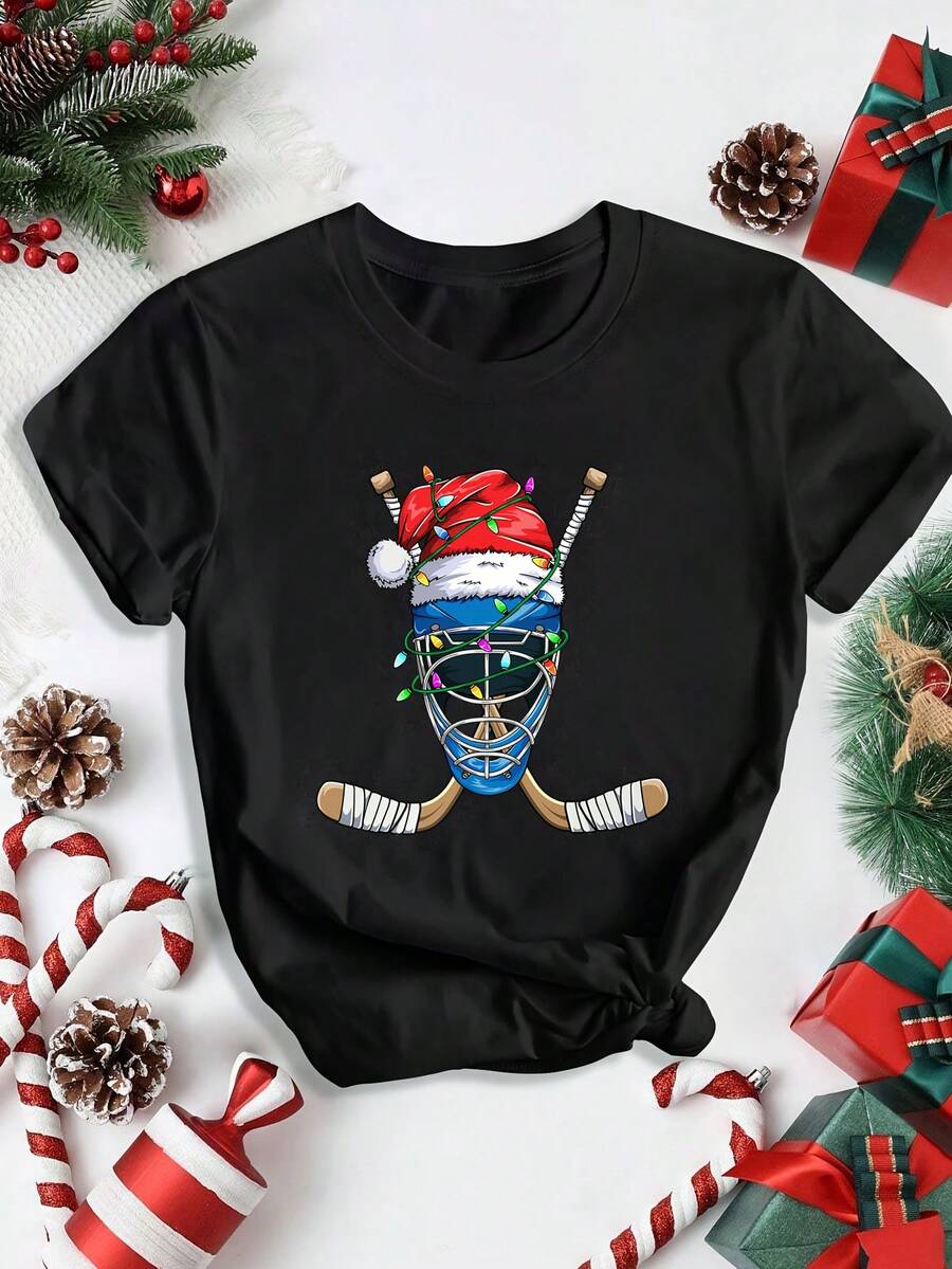 Camiseta de mujer con estampado de jugadora de hockey sobre hielo para Navidad, de manga corta y cuello redondo, estilo casual, adecuada para primavera y verano, 100% algodón. - Negro - Ver 1