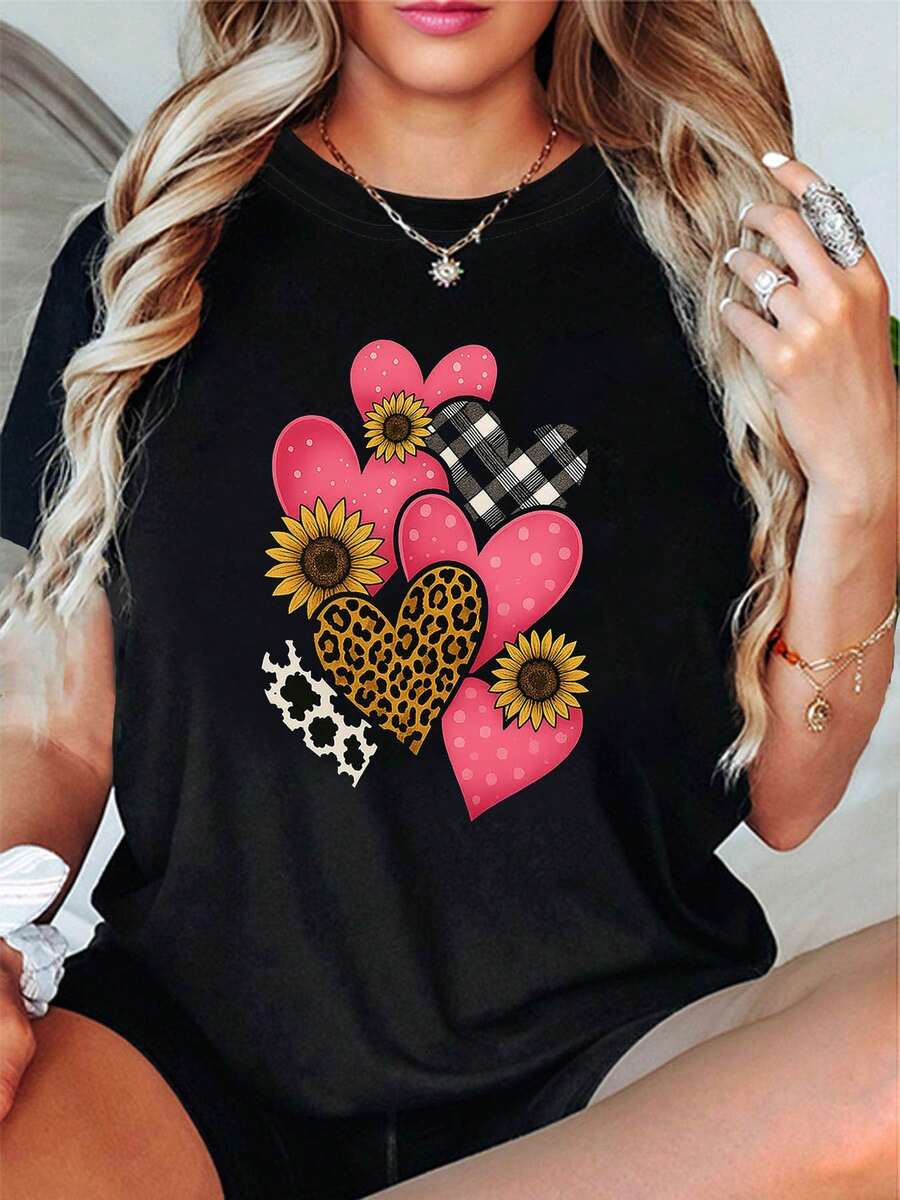 Camiseta de mujer, una dulce combinación de estilos: lunares, estampado de leopardo, cuadros, estampados de corazones y girasoles. Camiseta casual de moda para mujer de talla grande, con cuello redondo, para primavera-verano. Estilo creativo, cómoda para el uso diario y salidas. - Negro - Ver 1