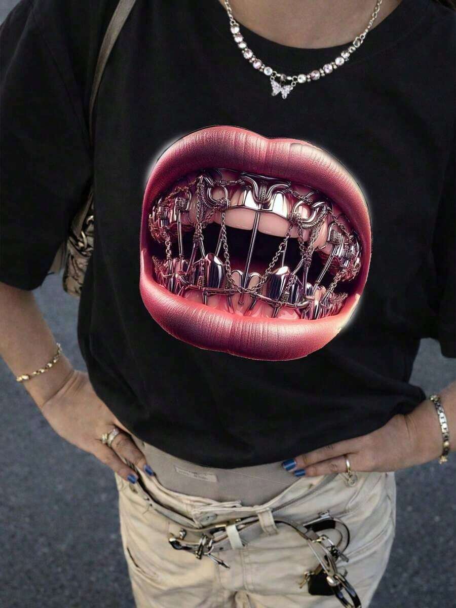 ropa de mujer Camiseta de algodón Y2K de manga corta con estampado gráfico de frases divertidas, cuello redondo, corte regular, camisas de mujer - Negro - Ver 1