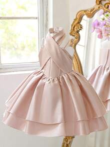 Young Girl Solid Color Halter Neck Pleated Casual Daily Dress Suitable For Party - Dusty Pink - View 4