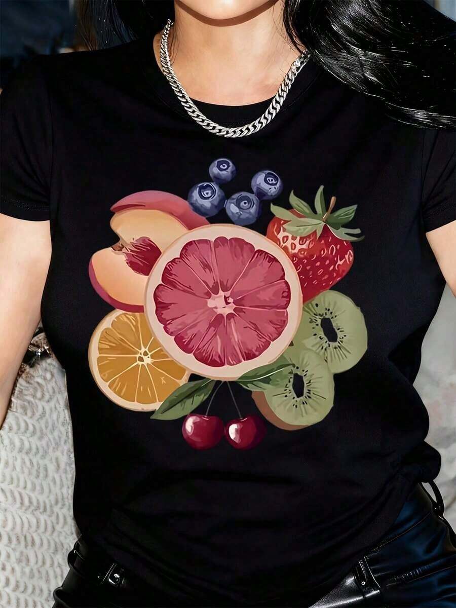 Women's Short Sleeve T-Shirt - Bright Yellow Tropical Fruit Print With Kiwi, Strawberry, Grape, Watermelon - Casual Beach Vacation Wear, Machine Washable, Spring-Summer Shirt, Beach Style T-Shirt, Spring Wardrobe, Summer Fashion, Fun Design, Lightweight Material, Durable Construction, Printed Blouse, For Summer Travelers. - 黑色 - 查看 1