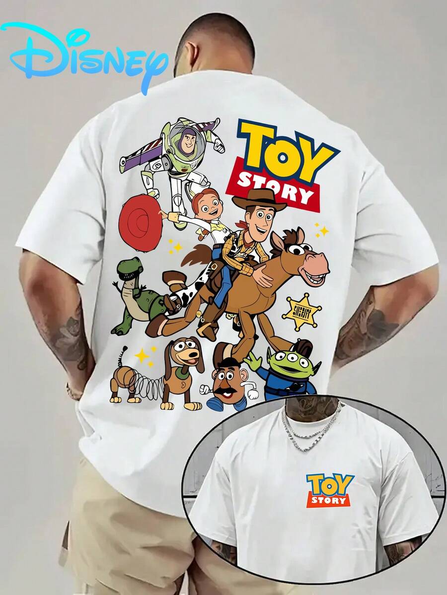 1pc Disney Men's T-Shirt, Toy Story All-Person Print T-Shirt Toy Story Front And Back Double Print, Crew Neck Casual Comfort T-Shirt, Breathable And Lightweight, Ideal For Athletic And Casual Wear, Summer T-Shirt, Ideal For Gift Giving, Ideal For Out, Disney Father's Day Gift - trắng - Xem 1
