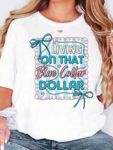 Camiseta de algodón con estampado de "Blue Collar Dollar", Camisa estilo western, Camiseta Coquette, Camiseta "Blue Collar Wife", Ropa de clase trabajadora, Camiseta de vaquera para rodeo, Camiseta de algodón de manga corta, estilo clásico, de algodón grueso, con estampado gráfico, Camiseta casual de manga corta para mujer. - Blanco - Ver 7