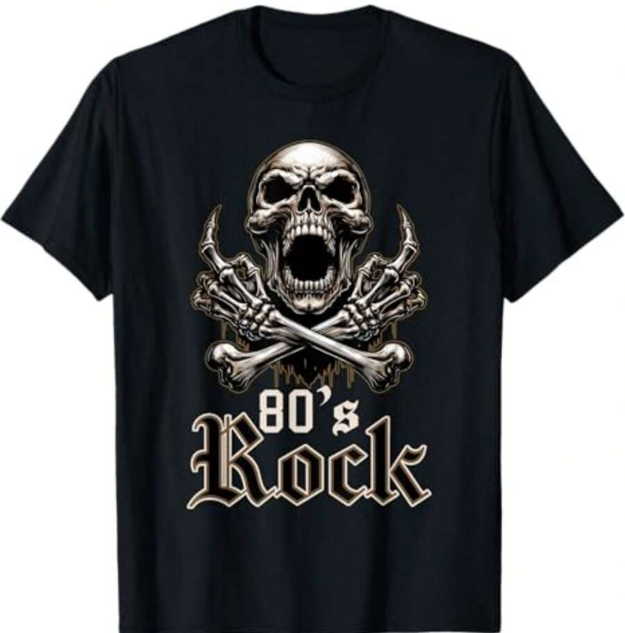 Camiseta con diseño vintage de esqueleto de rock de los 80 para amantes de la música. - Negro - Ver 1