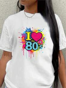 Camiseta vintage para mujer con temática de los 80, diseño de manga corta, estampado colorido con efecto de salpicaduras, ligera y duradera, adecuada tanto para fiestas como para uso casual, una declaración de moda retro, cómoda y versátil para el uso diario. - Blanco - Ver 7