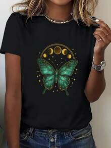 Women's Plus Size Clothing, Bohemian Style Loose Fit T-Shirt - Green Butterfly And Sun Print Combined With Crescent Moon And Gold Stars, Short Sleeve Crew Neck Top, Soft And Breathable Fabric Suitable For Spring And Summer Casual Wear, Beachwear And Everyday Comfort, Artistic Print Shirt (Machine Washable). EQWM - 黑色 - 查看 4