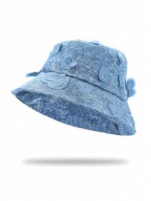 1pc Denim Blue 3D Heart Decor Bucket Hat, Distressed Denim Fabric, Layered Sweet & Design, Wide Brim Flatters Face Shape, Creates Youthful Look - Fisherman's Hat - View 14
