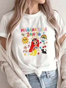 Playeras de mujer algodon, playera blanca con frase "Mañana Será Bonito" y sirena, estilo colorido, tops de mujer casual para primavera verano 2026 - Blanco - Ver 4