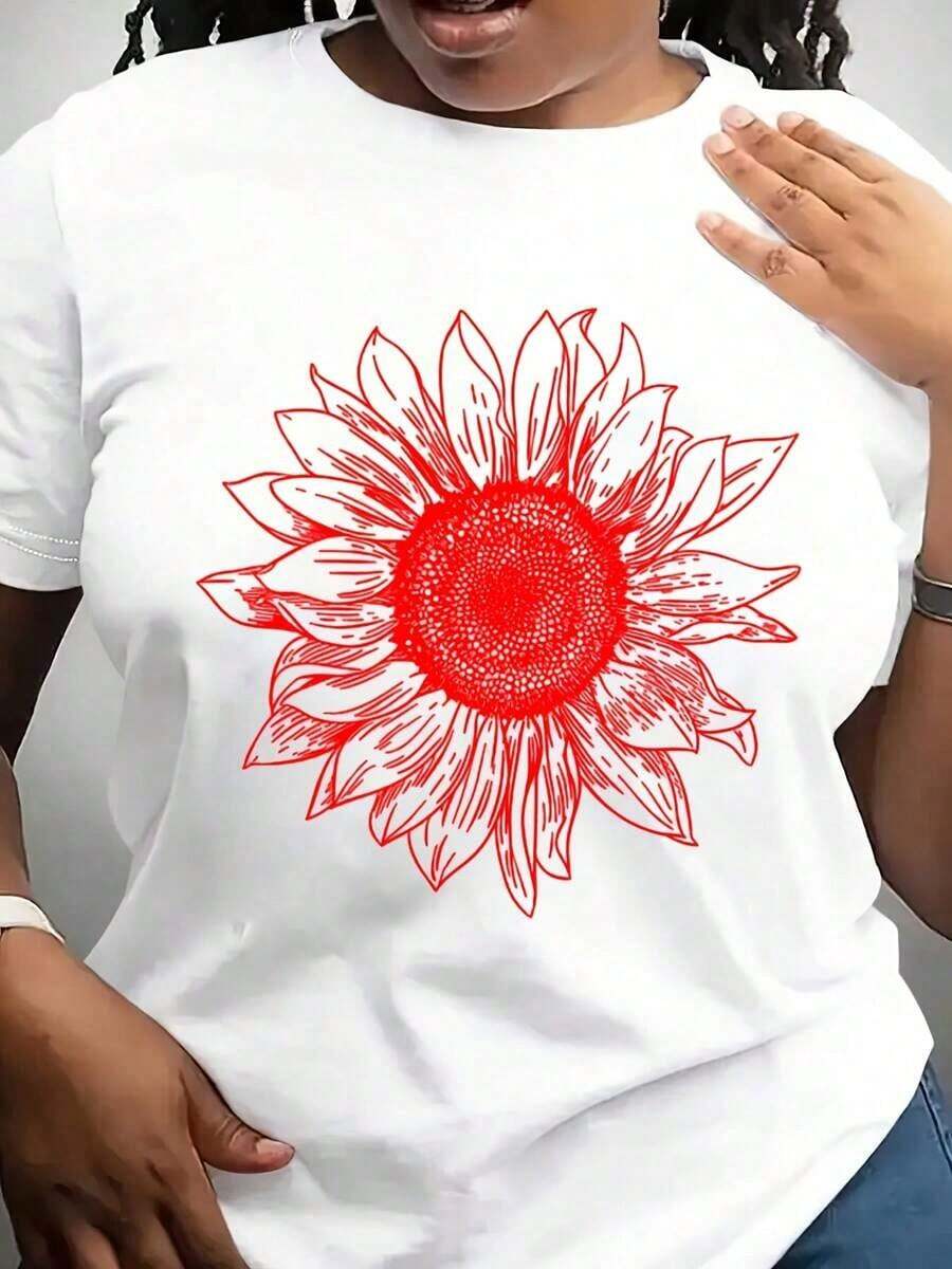 Camiseta Minimalista Moderna, Camiseta de Girasol, Camiseta Floral Minimalista, Regalo para Ella, Casual para el día a día - Blanco - Ver 1