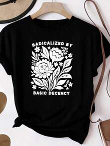 Camiseta de Mujer 100% Algodón Puro, Estilo Bohemio, con Estampado Floral Artístico, Casual, Básica, de Manga Corta, a la Moda. Camiseta de Mujer con Patrón Vintage Bohemio, 100% Algodón, Suave, Transpirable, Cuello Redondo, Manga Corta, Estilo Boho Urbano. - Negro - Ver 1