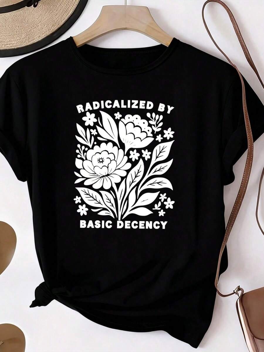 Camiseta de Mujer 100% Algodón Puro, Estilo Bohemio, con Estampado Floral Artístico, Casual, Básica, de Manga Corta, a la Moda. Camiseta de Mujer con Patrón Vintage Bohemio, 100% Algodón, Suave, Transpirable, Cuello Redondo, Manga Corta, Estilo Boho Urbano. - Negro - Ver 1