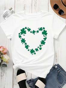 Camiseta con Estampado de Trébol en Forma de Corazón, Negra, para Celebración del Día de San Patricio, Top Casual para Mujer para Ocasiones Festivas - Blanco - Ver 2
