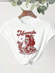 White Cotton T-Shirt With Retro Design "Mamacita Needs A Margarita", Fun And Casual Style For Parties And Everyday Wear, Women's Tops - 白色 - 查看 4