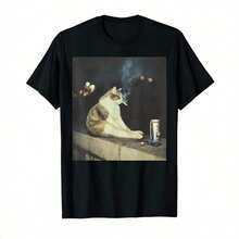 1 Calm Cat Print T-Shirt, High Quality Printed Cotton T-Shirt, Retro Style, Men's T-Shirt, Summer T-Shirt, Beach Essential, Holiday Gift, Perfect Unisex Gift, Soft, Breathable, Comfortable Fabric, Casual And Fashionable Short Sleeve T-Shirt, Perfect For All Seasons. - 黑色 9 - 查看 12