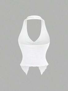 Conjunto de 2 piezas de top corto con escote profundo en V y espalda descubierta, emparejado con falda casual de diseño retro con hebilla de metal para mujeres, para vacaciones y citas, primavera/verano - Blanco - Ver 3