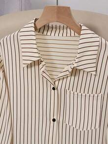 Camisa larga de mujer de manga larga, de un solo pecho, casual y holgada con rayas, estilo casual y versátil para todas las estaciones, color negro - Albaricoque - Ver 4