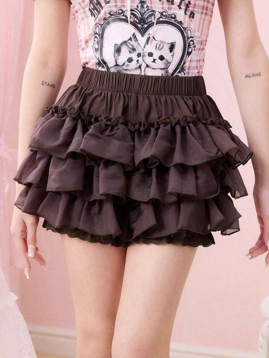 Kawaii Falda pantalón con volantes de color contrastante para mujer - Café integral - Ver 1