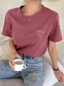 Camiseta De Manga Corta Con Letras Impresas - Rosa Roja - Ver 6