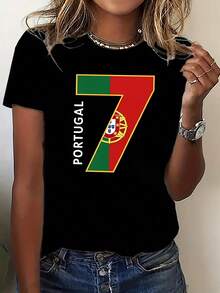 Camiseta deportiva de manga corta para mujer a la moda | Estampado de bandera portuguesa y número 7, cuello redondo cómodo, lavable a máquina, para todas las estaciones, estilo casual, ideal para reuniones familiares y uso diario - Negro - Ver 2