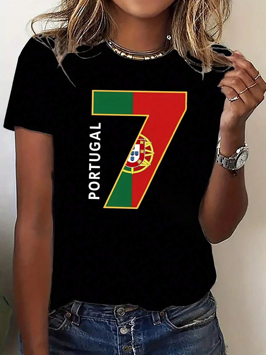 Camiseta deportiva de manga corta para mujer a la moda | Estampado de bandera portuguesa y número 7, cuello redondo cómodo, lavable a máquina, para todas las estaciones, estilo casual, ideal para reuniones familiares y uso diario