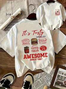 Women's 180g Pure Cotton White T-Shirt, Soft And Comfortable, With A Hamburger, French Fries And Text Print. Stylish And Breathable, Perfect For Year-Round Wear. - 白色 - 查看 1