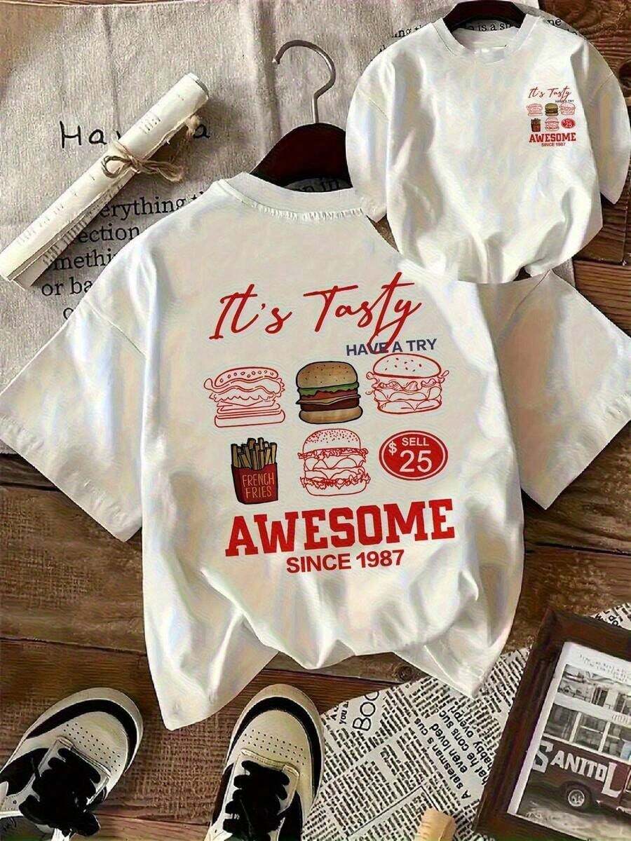 Women's 180g Pure Cotton White T-Shirt, Soft And Comfortable, With A Hamburger, French Fries And Text Print. Stylish And Breathable, Perfect For Year-Round Wear. - 白色 - 查看 1