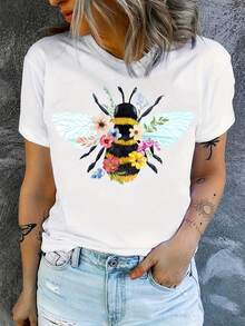 Camiseta Casual de Manga Corta para Mujer con Estampado de Abejas y Flores Silvestres - Tee Gráfica Vibrante de Verano, Cuello Redondo Transpirable, Lavable a Máquina para Aficionados a la Apicultura y Amantes de la Naturaleza, Ropa de Abeja - [Blanco] - Ver 1