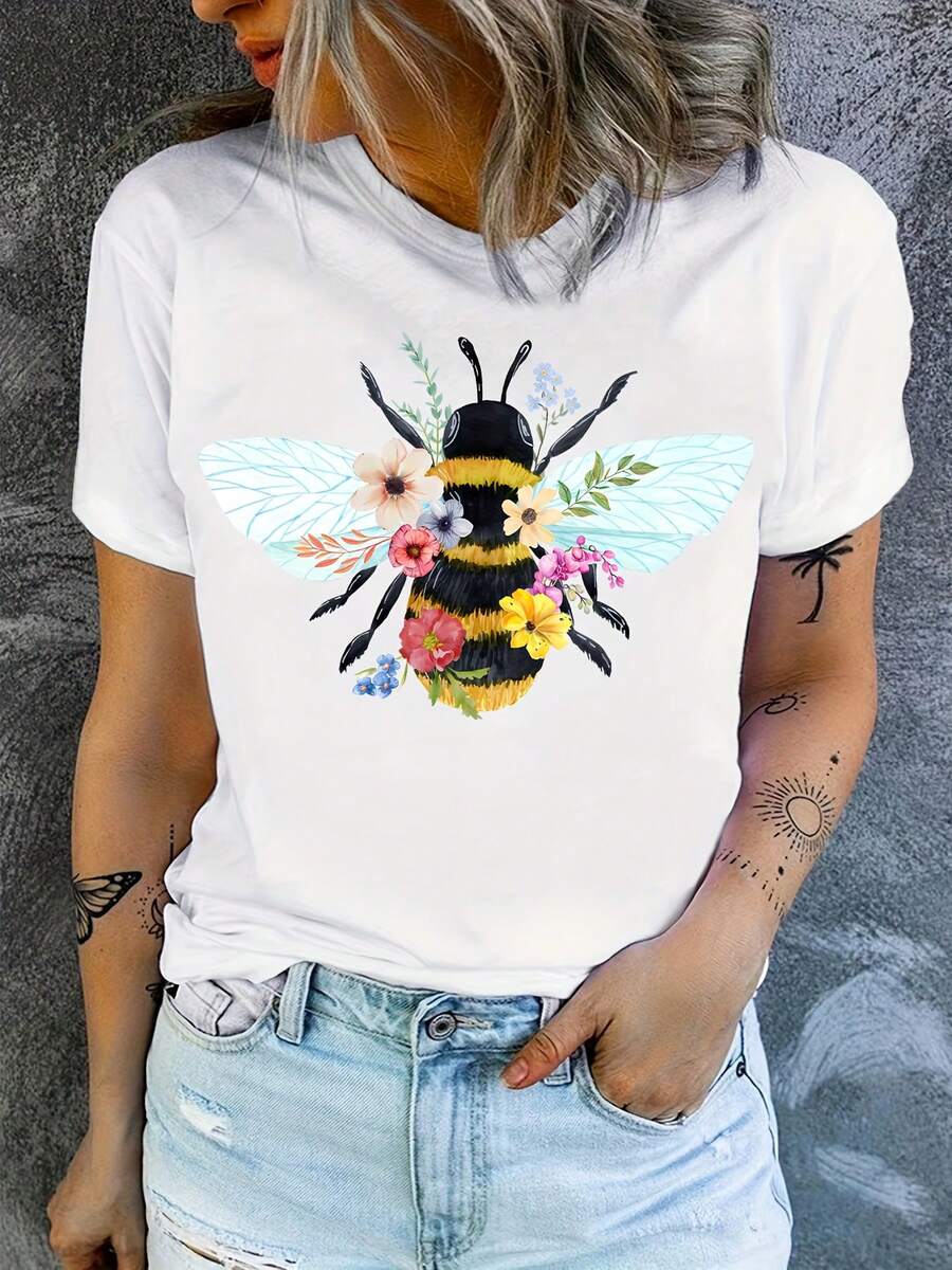 Camiseta Casual de Manga Corta para Mujer con Estampado de Abejas y Flores Silvestres - Tee Gráfica Vibrante de Verano, Cuello Redondo Transpirable, Lavable a Máquina para Aficionados a la Apicultura y Amantes de la Naturaleza, Ropa de Abeja - [Blanco] - Ver 1